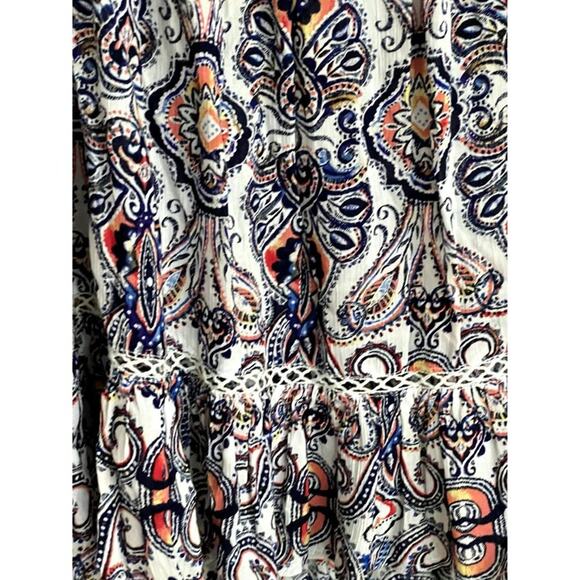 Fever Boho Style Tunic Top Women's Size Small Blue Orange Crochet Lace Inset Sle - Picture 2 of 6